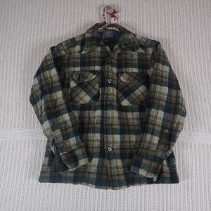 Pendelton Boys Flannel Green and Brown Missing Button on Sleeve and Small Stain